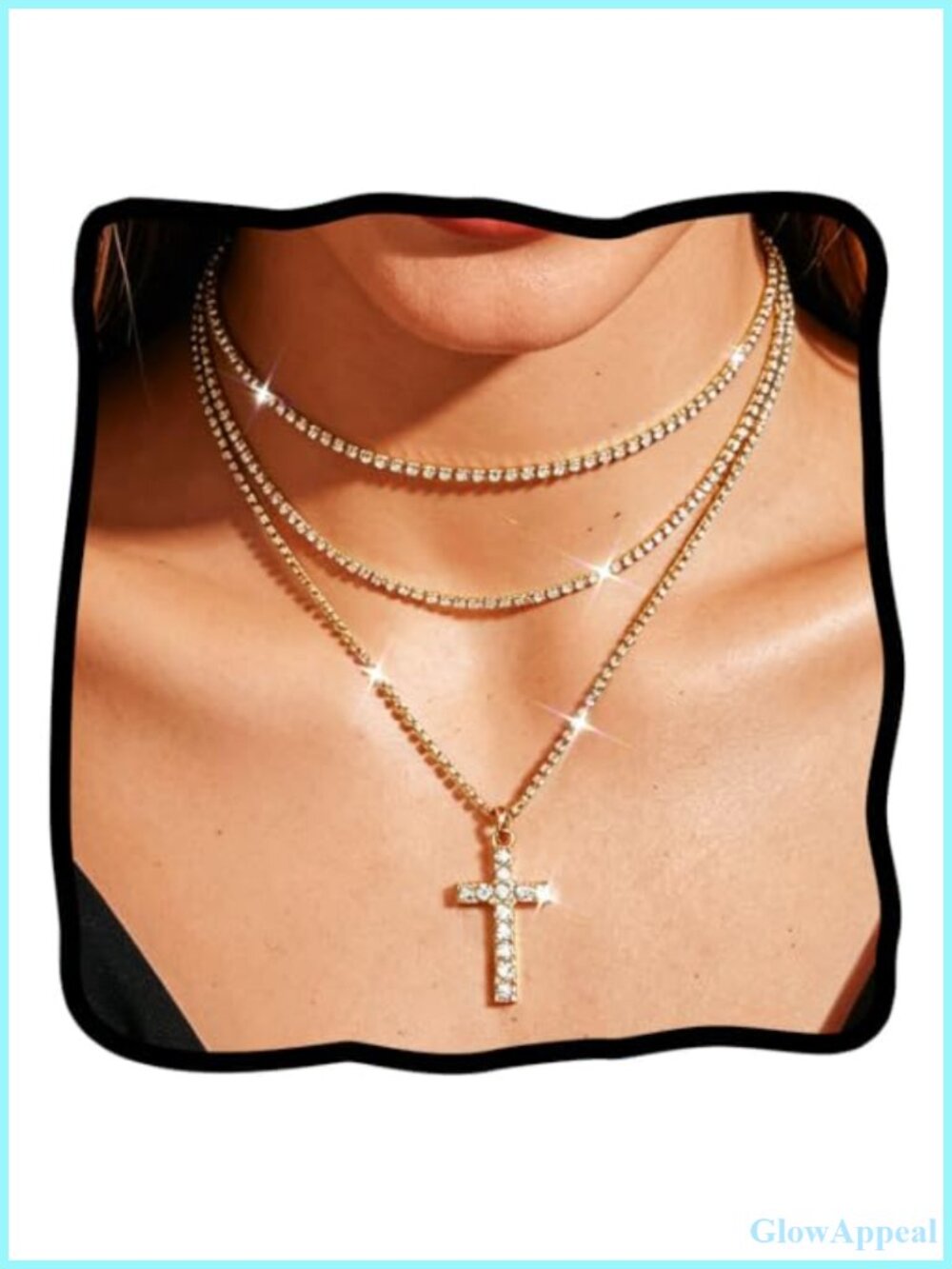 Layered Rhinestone Cross Necklace Tennis Choker Adjustable Chain